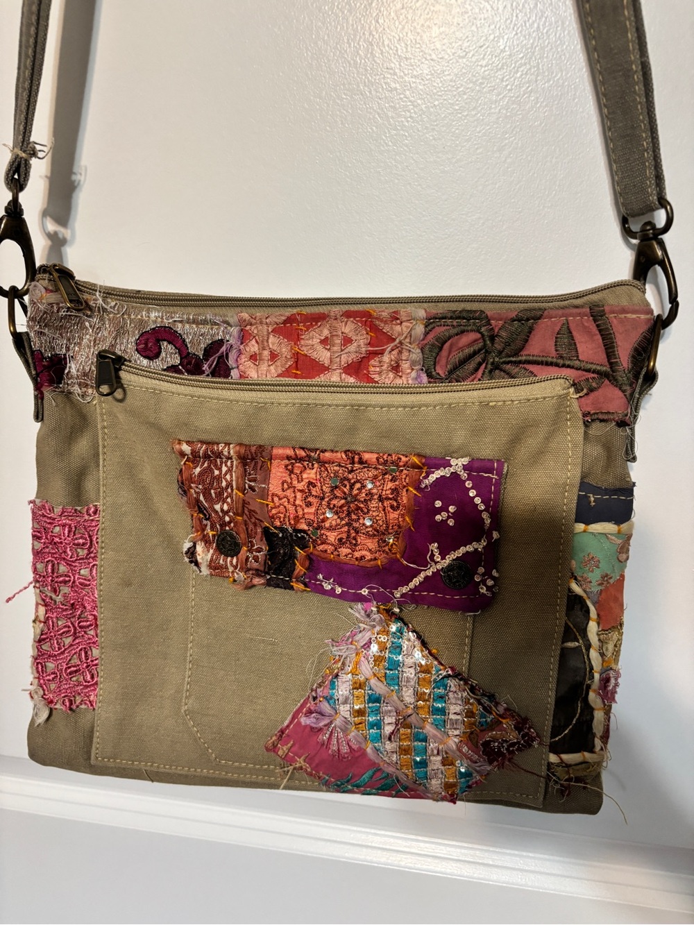 Vintage Addiction Recycled Military Tent Patchwork Crossbody Bag Boho